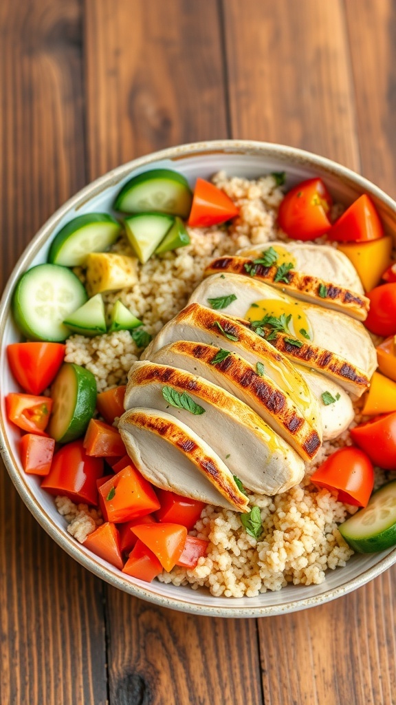 A Fresh Herb Garnish Chicken Bowl with grilled chicken, quinoa, and fresh vegetables, garnished with herbs.